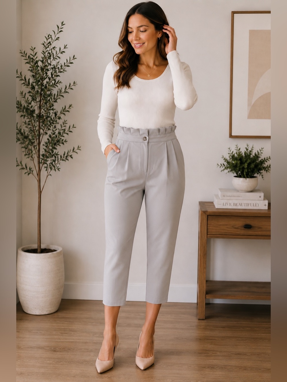 Good Luck Gem High-Rise Paperbag Cropped Trousers - Light Gray Size M Neutral